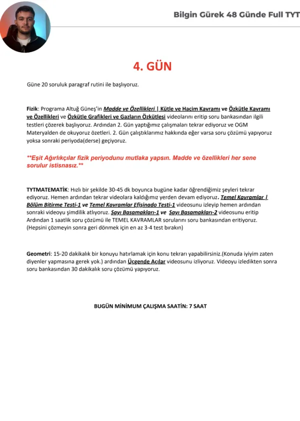 TYT Kampı 4. gün çalışma planı