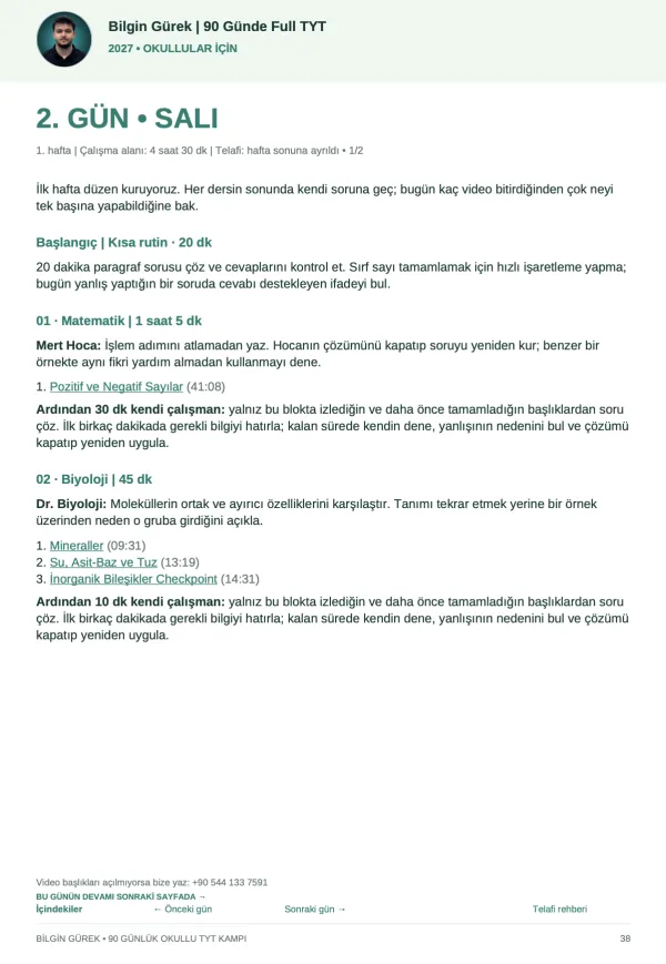 TYT Kampı okullu sürüm 2. Gün çalışma planı