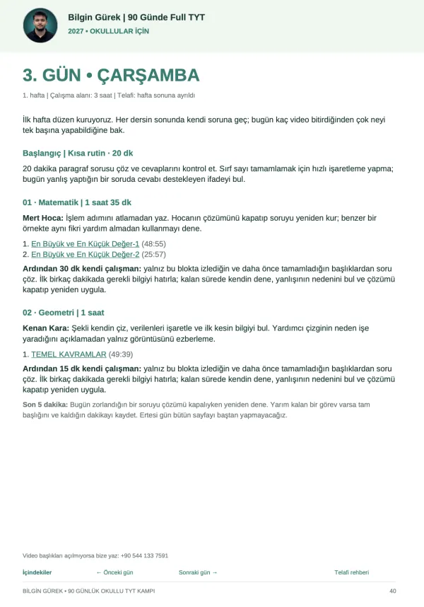 TYT Kampı okullu sürüm 3. Gün çalışma planı