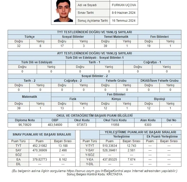 Furkan U. başarı belgesi