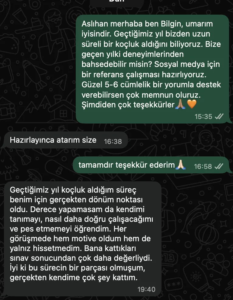 Aslıhan Meryem D. – koçluk süreciyle ilgili WhatsApp mesajları