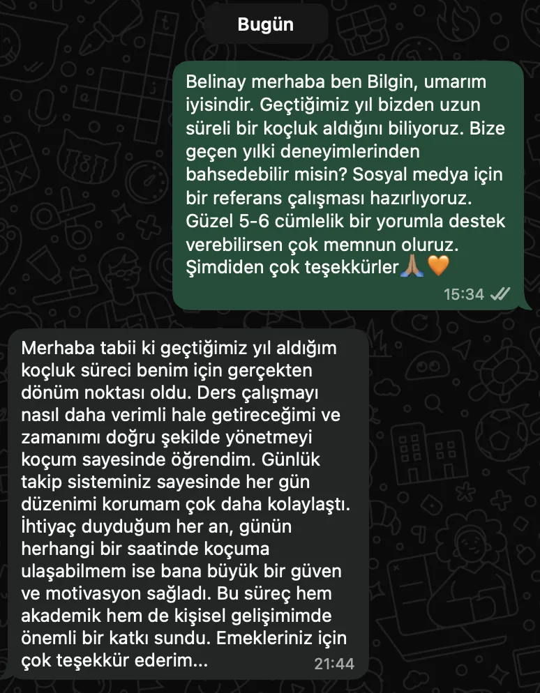 Belinay E. – koçluk süreciyle ilgili WhatsApp mesajları