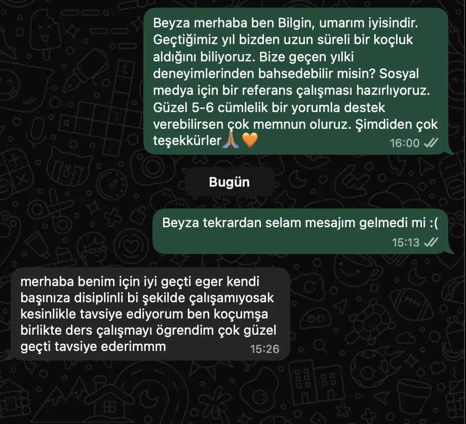 Beyzanur K. – koçluk süreciyle ilgili WhatsApp mesajları