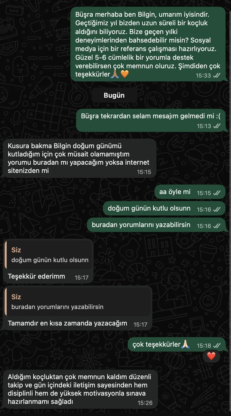 Büşra Nur D. – koçluk süreciyle ilgili WhatsApp mesajları