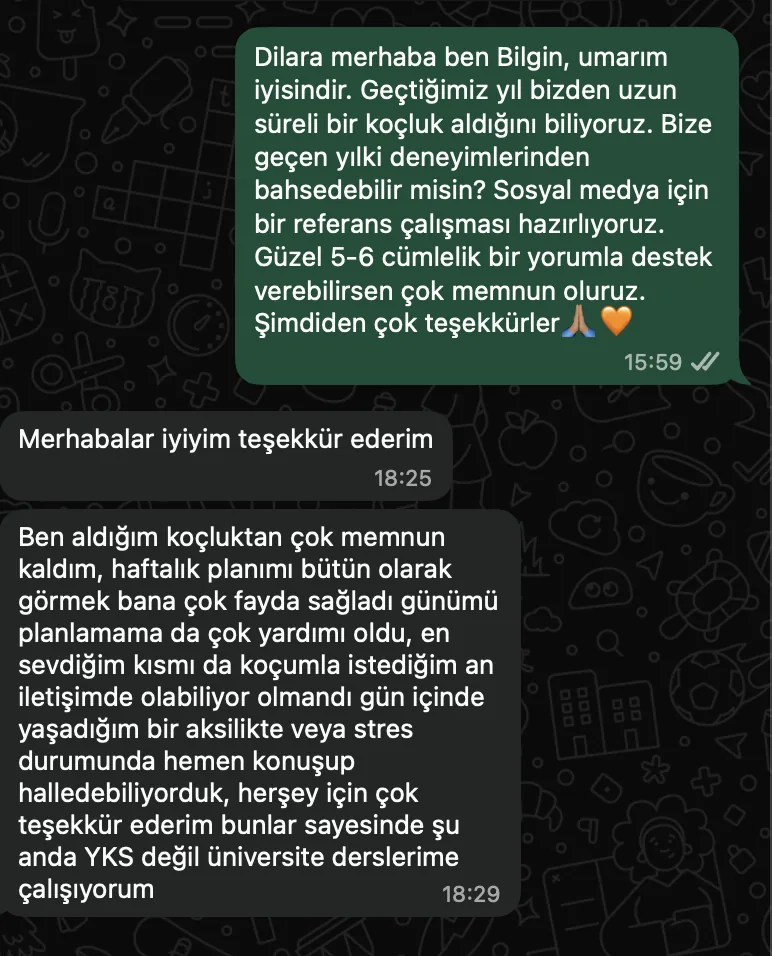 Dilara K. – koçluk süreciyle ilgili WhatsApp mesajları
