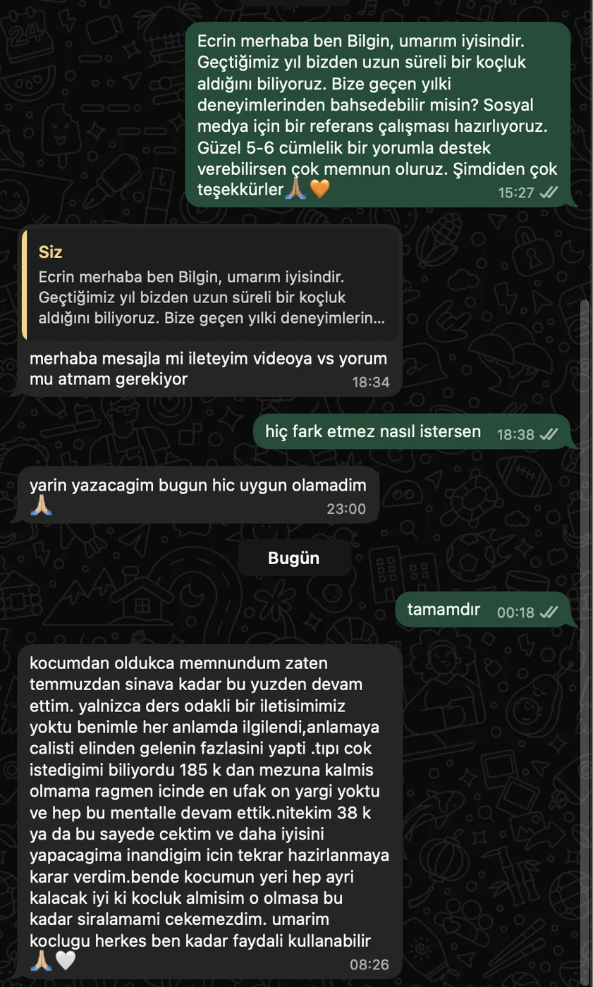 Ecrin Naz Ş. – koçluk süreciyle ilgili WhatsApp mesajları