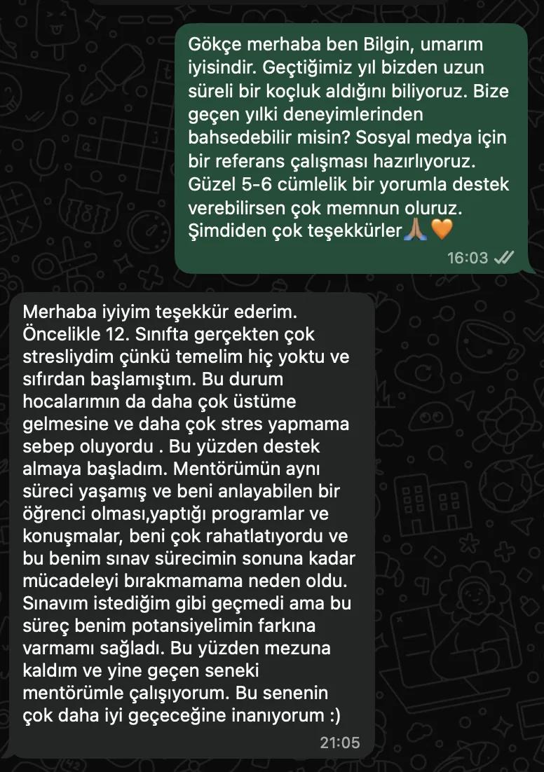 Gökçe Bilge B. – koçluk süreciyle ilgili WhatsApp mesajları