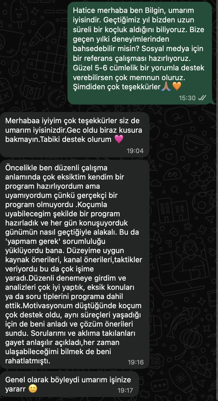 Hatice Kübra Ç. – koçluk süreciyle ilgili WhatsApp mesajları