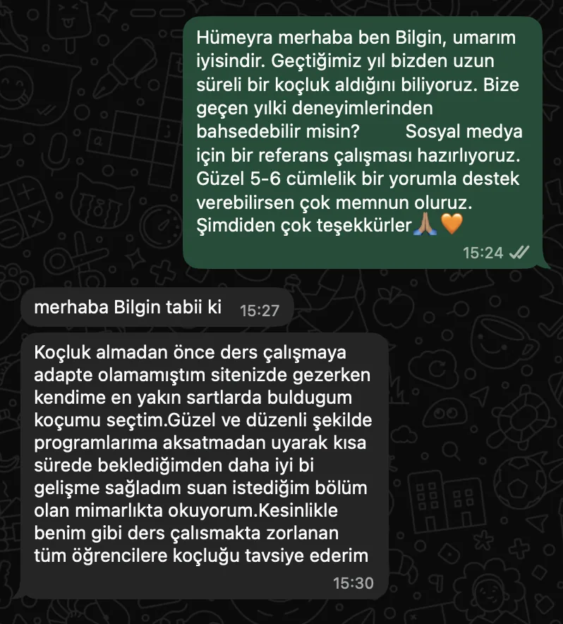 Hümeyra A. – koçluk süreciyle ilgili WhatsApp mesajları