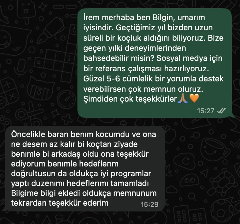 İrem Y. – koçluk süreciyle ilgili WhatsApp mesajları