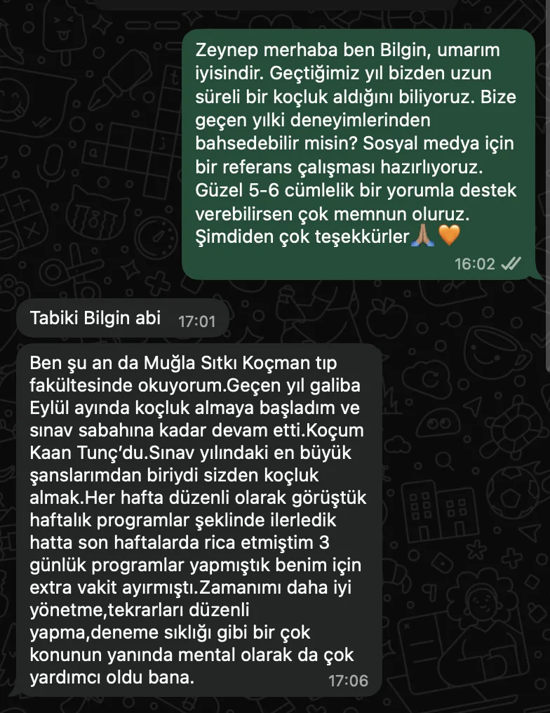 Zeynep B. – koçluk süreciyle ilgili WhatsApp mesajları